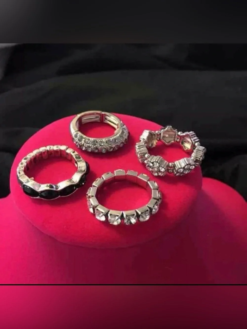 Silver Tone Adjustable Fashion Ring Bundle | Rhinestone Statement Rings Set of 4